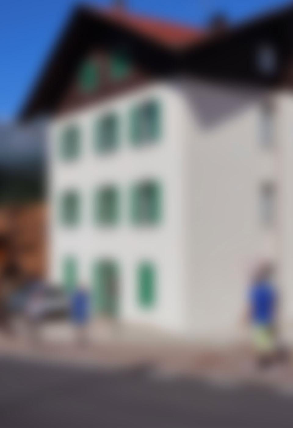 Blurred image of a house with green shutters and people in front.